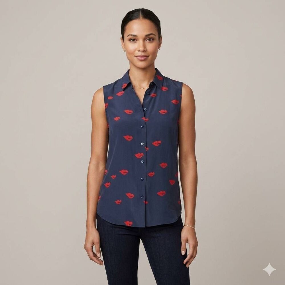Equipment Femme Navy Lip Silk Button Up Sleeveless Blouse Medium Designer Luxury